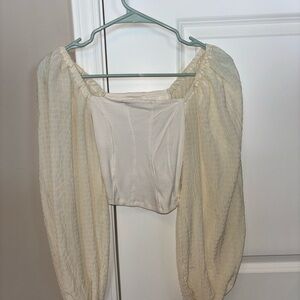 Urban Outfitters Cream Off-Shoulder Puff Sleeve Crop Top